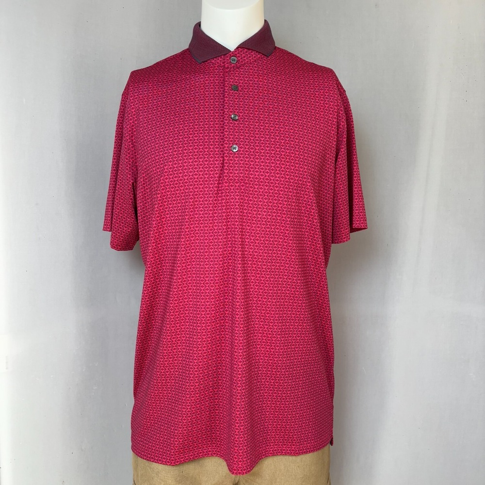 Greyson Golf Performance Polo Mens Large Red Small Geometric‎ Wolf Pattern
